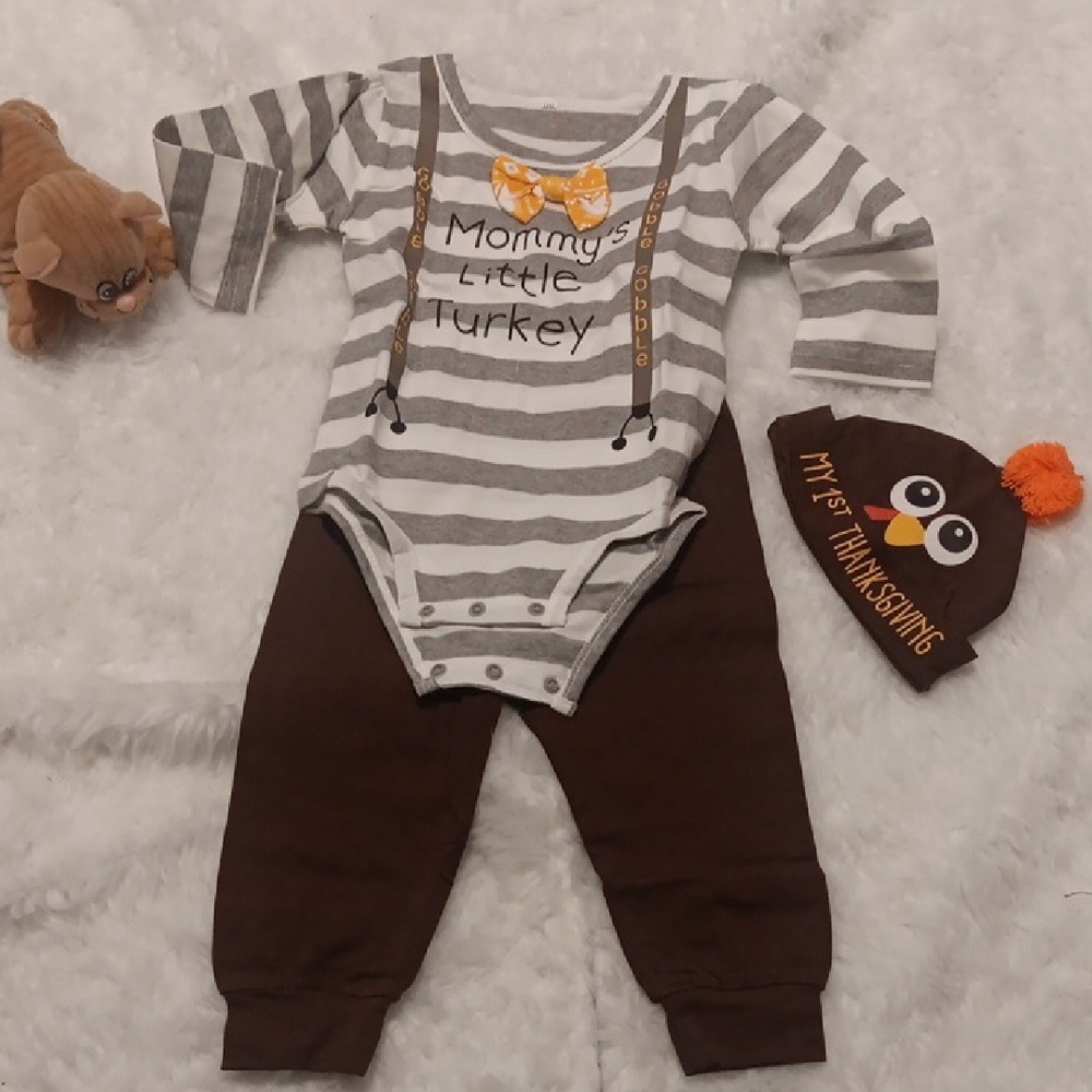 Mommy's Little Turkey Striped One Piece Set - Gray and Brown 18/24 Month